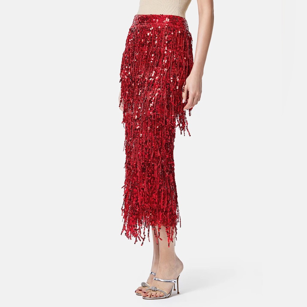 Red Tassel Sequin Midi Skirt